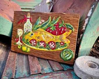 Rustic Carved Painted Wood Sign of Fish on Platter, Approx 16" x 10"