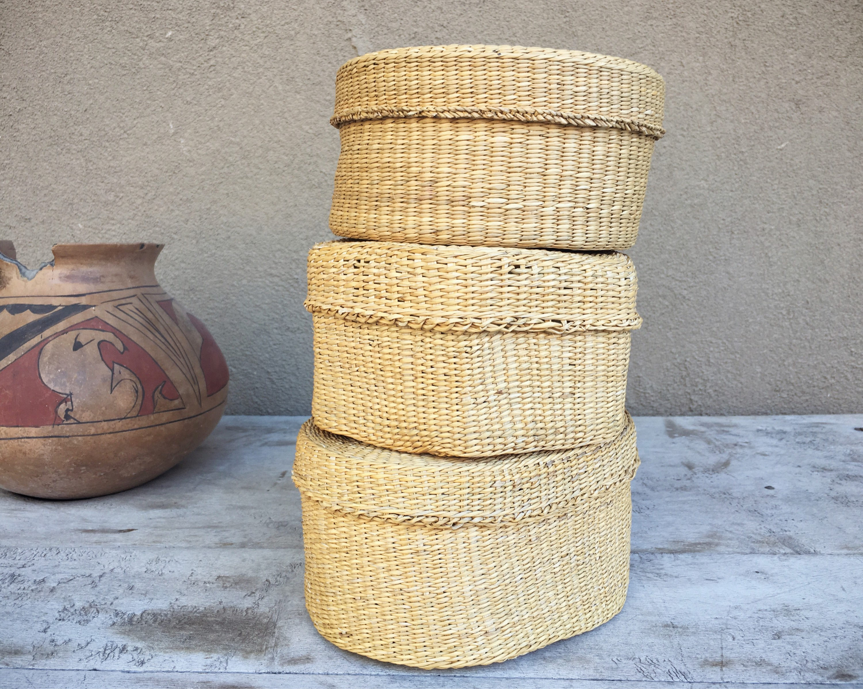 Woven Basket with Lid Bohemian Decor, Primitive Decor, Jungalow Style