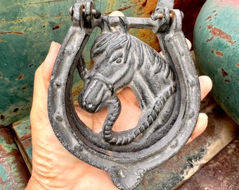 Vintage Metal Horse and Horseshoe Door Knocker, Rustic Cabin Decor, Architectural Salvage, Ranch House Western Southwestern Home