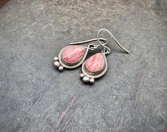 Vintage Rhodochrosite Earrings Small Teardrop Shaped Dangles, Striated Pink, Small Navajo Earrings