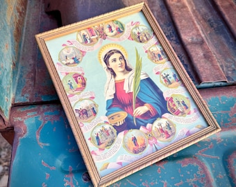 Vintage Saint Lucy Lithograph Framed 7.5" W by 9.75" T, Patron Eyesight Vision