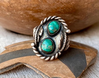 Vintage Green Turquoise Ring Size 7.75 Sterling Silver Leaf Design, Rustic Native American Jewelry