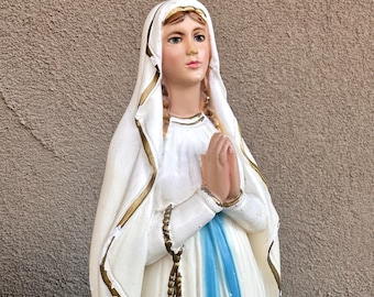 Our Lady of Lourdes Vintage Chalkware Statue (Distressed) 12.5", Made in Italy