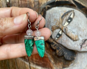 Green Malachite and White Quartz Small Dangle Earrings, Bali Gemstone Jewelry, Girlfriend Gift