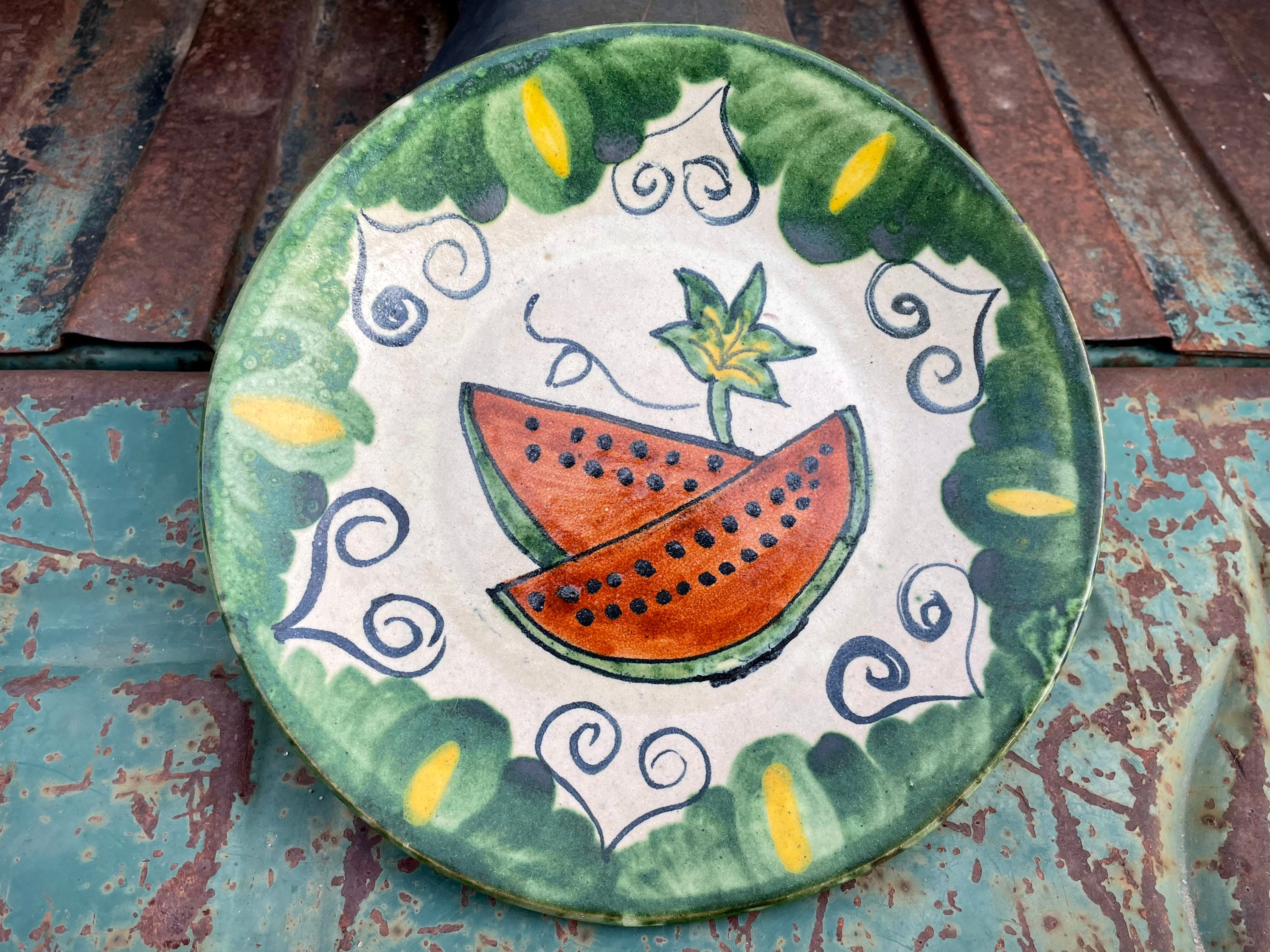 Vintage Mexican Pottery Plate Wall Hanging w/ Watermelon Design Approx