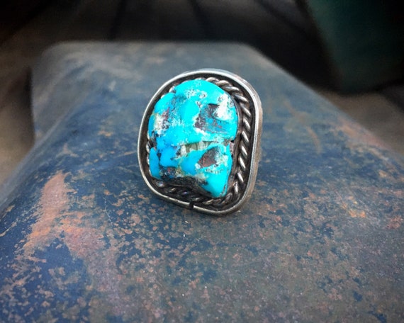 Size 8 #RI74 Chunky Navajo Blue Turquoise Ring Sterling Silver