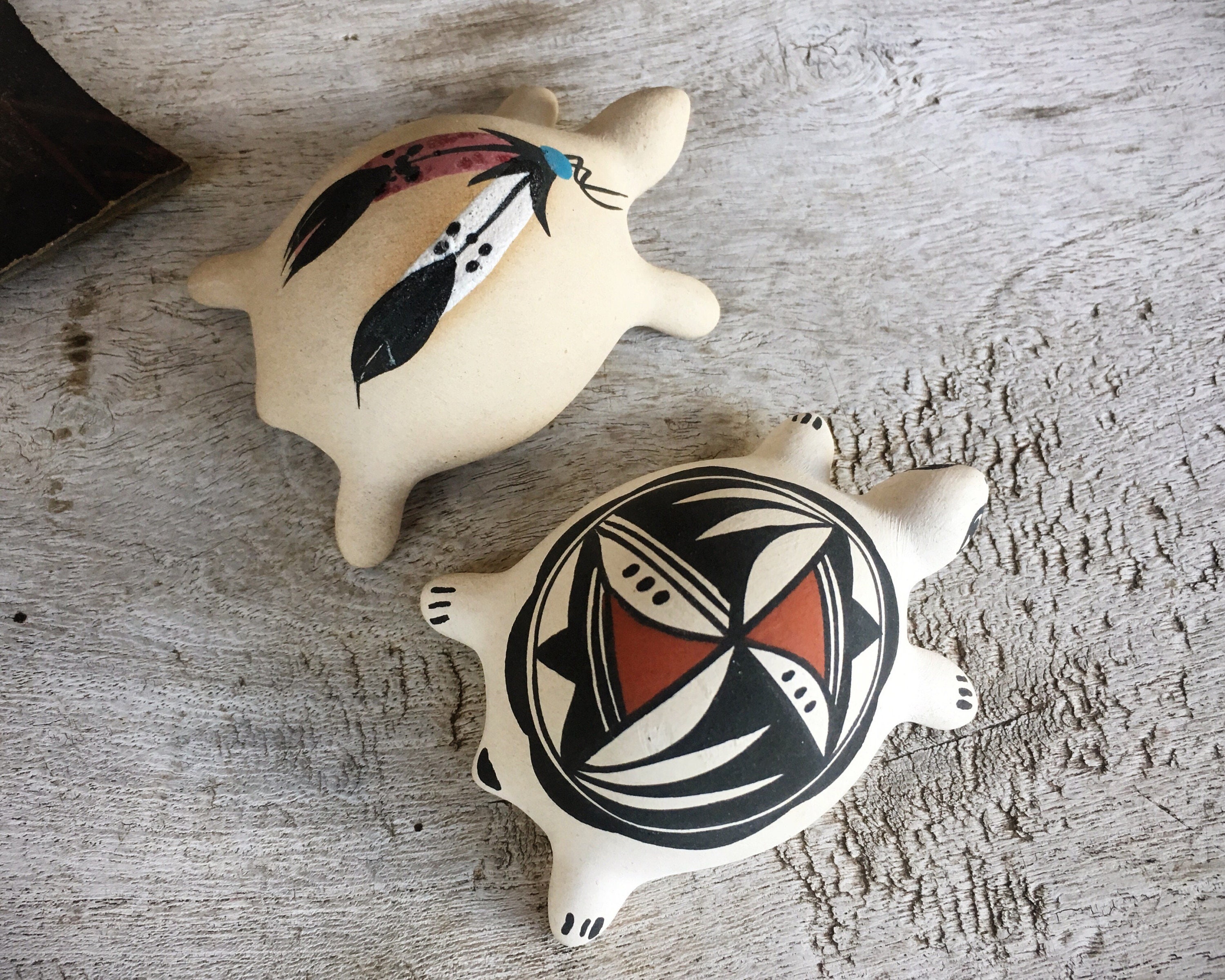 Two Pueblo Pottery Turtle Figurines, Native American Indian Effigies