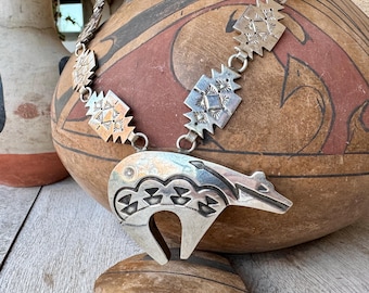 Vintage Sterling Silver Spirit Bear Pendant Necklace Stamped Link Chain 24"