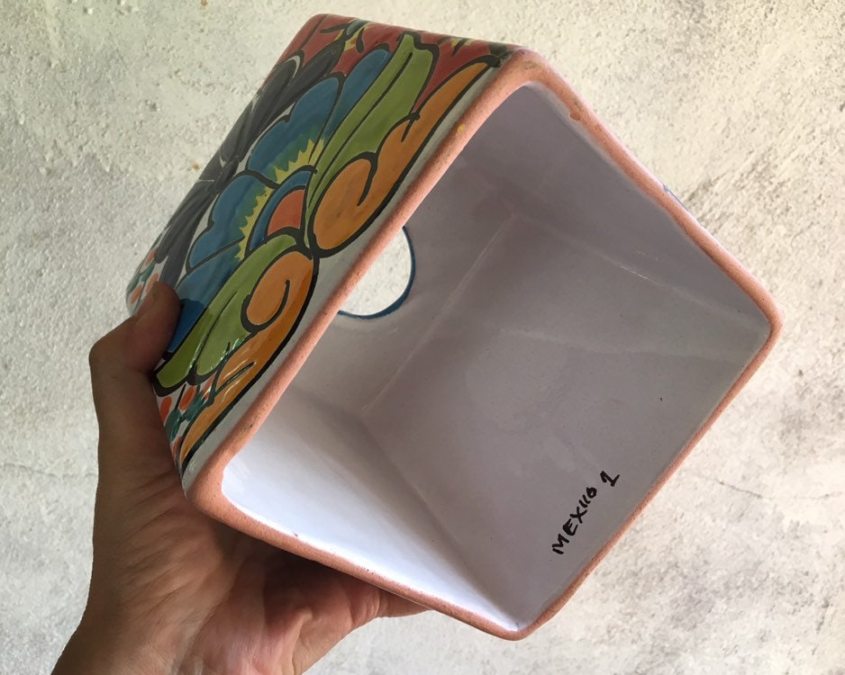 Vintage Talavera Pottery Tissue Box Cover in Blue Yellow Green Red