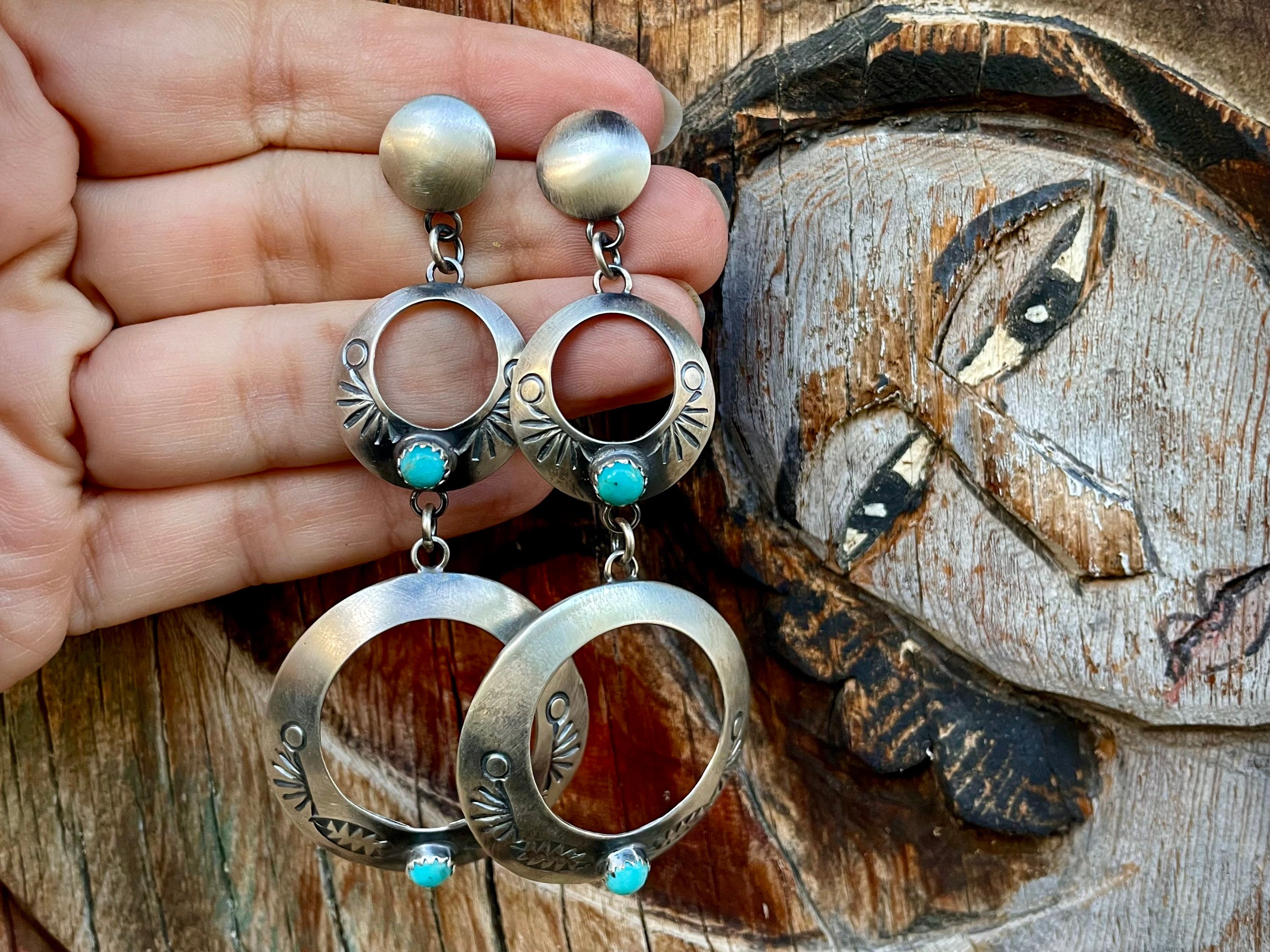 Stamped Sterling Silver Turquoise Circle Earrings by Navajo Tim Yazzie ...