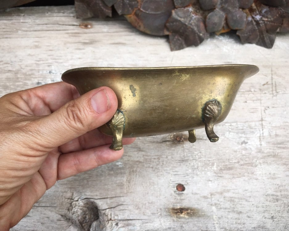 Vintage Miniature Brass Bathtub Clawfoot Tub Trinket Dish of Soap Dish