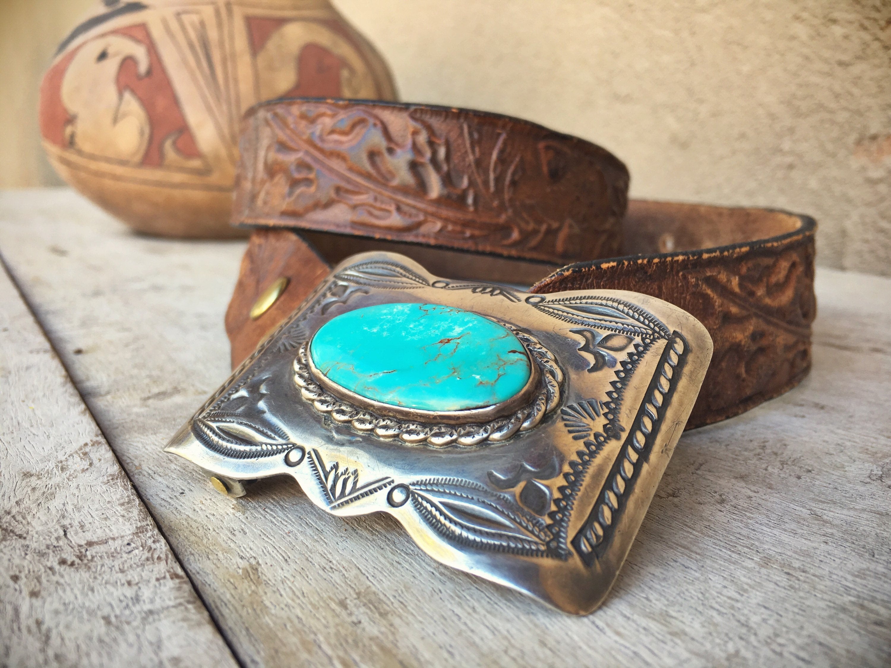 Vintage Belt Buckle for Men, Native American Indian, Turquoise Silver Navajo Belt Buckle