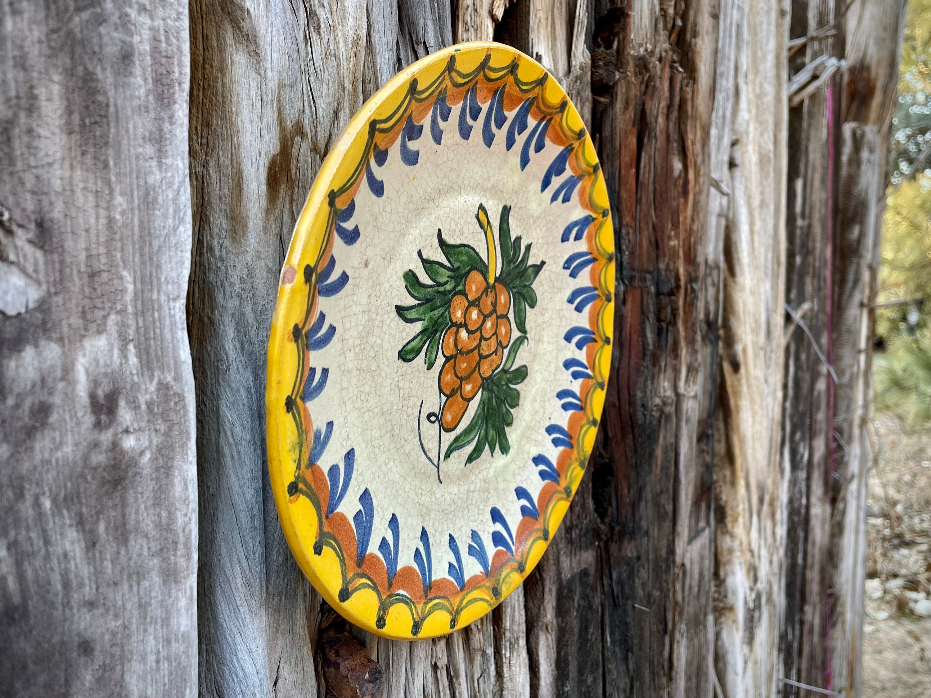 Vintage Mexican Pottery Plate Wall Hanging w/ Grape Design Approx 9.5
