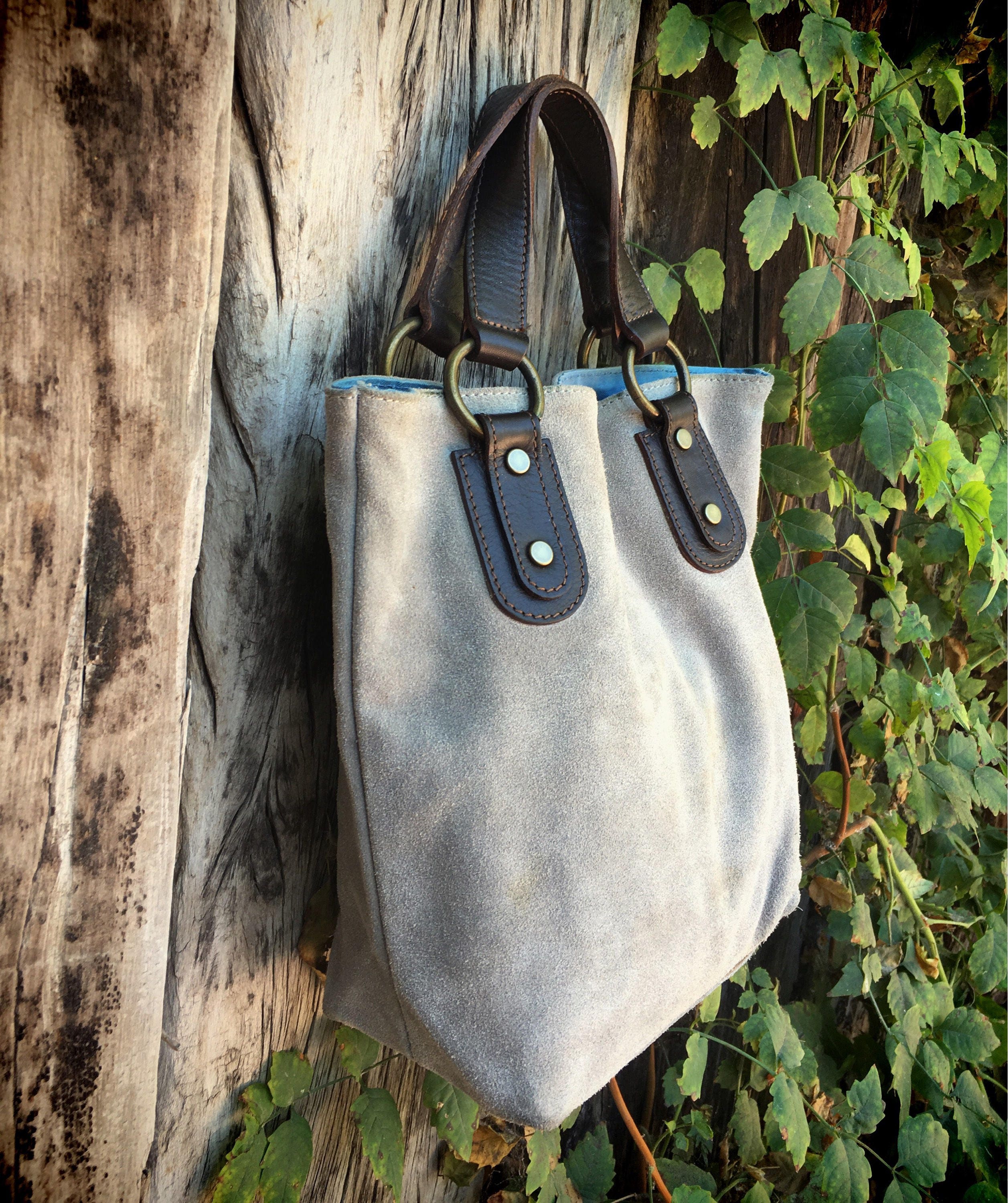 Made in Italy small suede bucket tote by Maurizio Taiuti in light blue gray