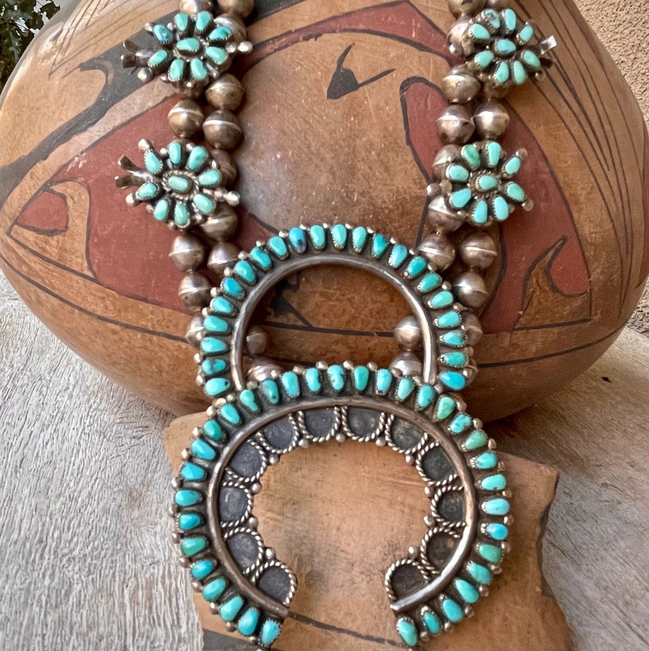 Native American Jewelry Turquoise Coin Squash Blossom Necklace -  PuebloDirect.com