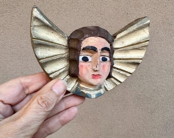 Small Carved Wood Angel with Wings Wall Hanging 4.5" Wide, Religious Folk Art
