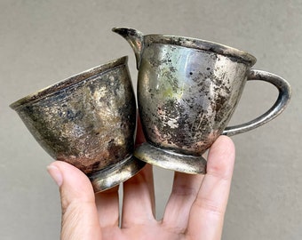 Antique Silverplate Creamer and Sugar Set, Tarnished and Heavy, Farmhouse Decor, Small Bowls