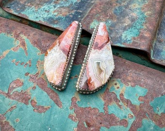 Vintage Mary-Rita Padilla Sterling Silver Lace Agate Post Earrings, Navajo Gemstone Jewelry