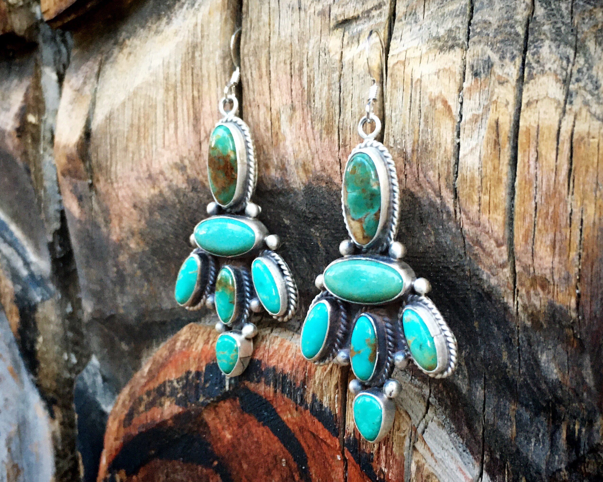 Turquoise Cluster Earrings Sterling Silver Dangles Navajo Native