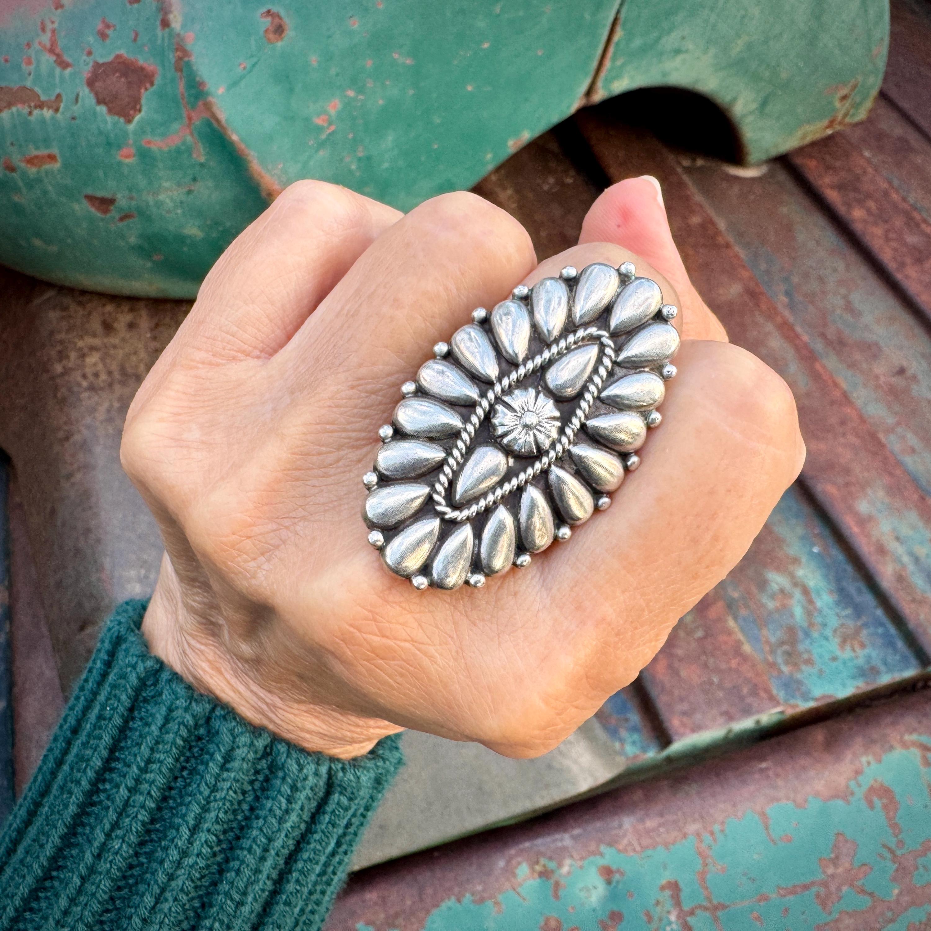 Navajo Thomas Jim All Sterling Silver Cluster Ring Approx Size 9