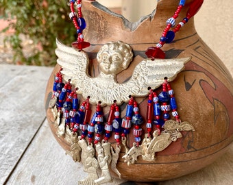 Rare Kim Yubeta Charm Necklace Made with Antique Trade Beads Huge Angel & Small Milagros, Southwestern Designer Jewelry, Good Luck Amulets