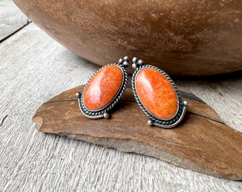 Vintage Sterling Silver Orange Gemstone (Jasper?) Earrings Posts, Tribal Jewelry, Fall Style