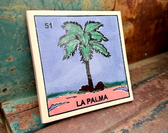 Vintage Ceramic Tile Mexican Loteria Card of La Palma, Tropical Beach Palm Tree Theme Gift