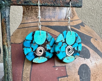 Turquoise Inlay Round Earrings by Santo Domingo Daniel Coriz, Native American Jewelry
