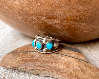 Vintage Sterling Silver Band with Three Turquoise Stones Approx Size 7, Signed Navajo Ring