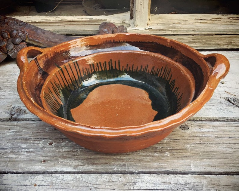 Mexican Pottery Heavy Round Bowl With Handles Rustic Modern Etsy
