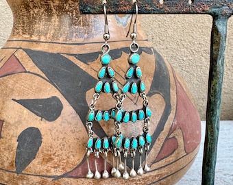 Vintage Turquoise Petit Point Tiered Chandelier Earrings Approx 3” Long, Old Pawn