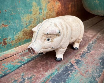 Vintage Small Cast Iron Pig Coin Bank, Pale Pink 6" Wide, Farmhouse Cottage Decor