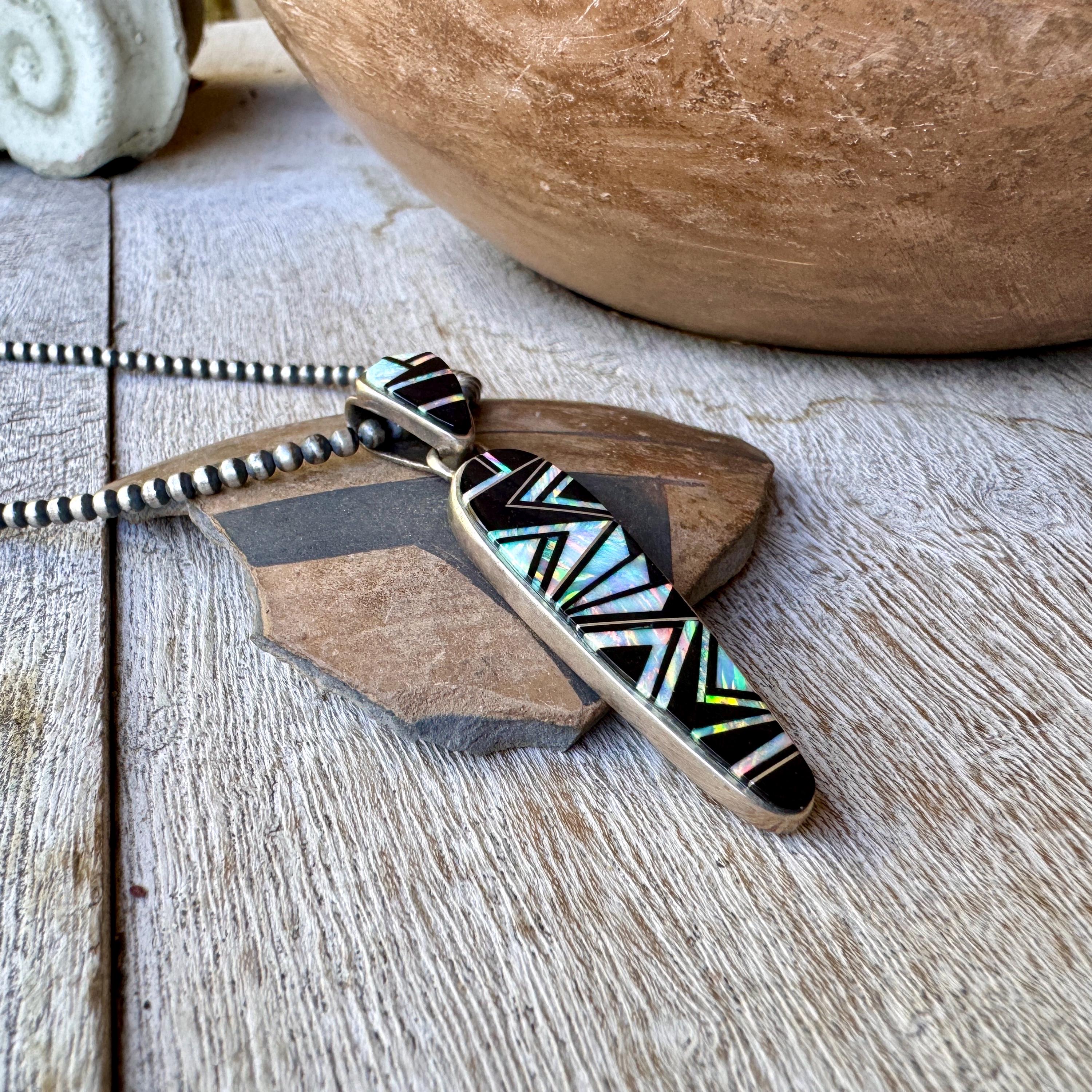 Navajo Ervin Hoskie Necklace, Onyx Opal Inlay Pendant on Navajo