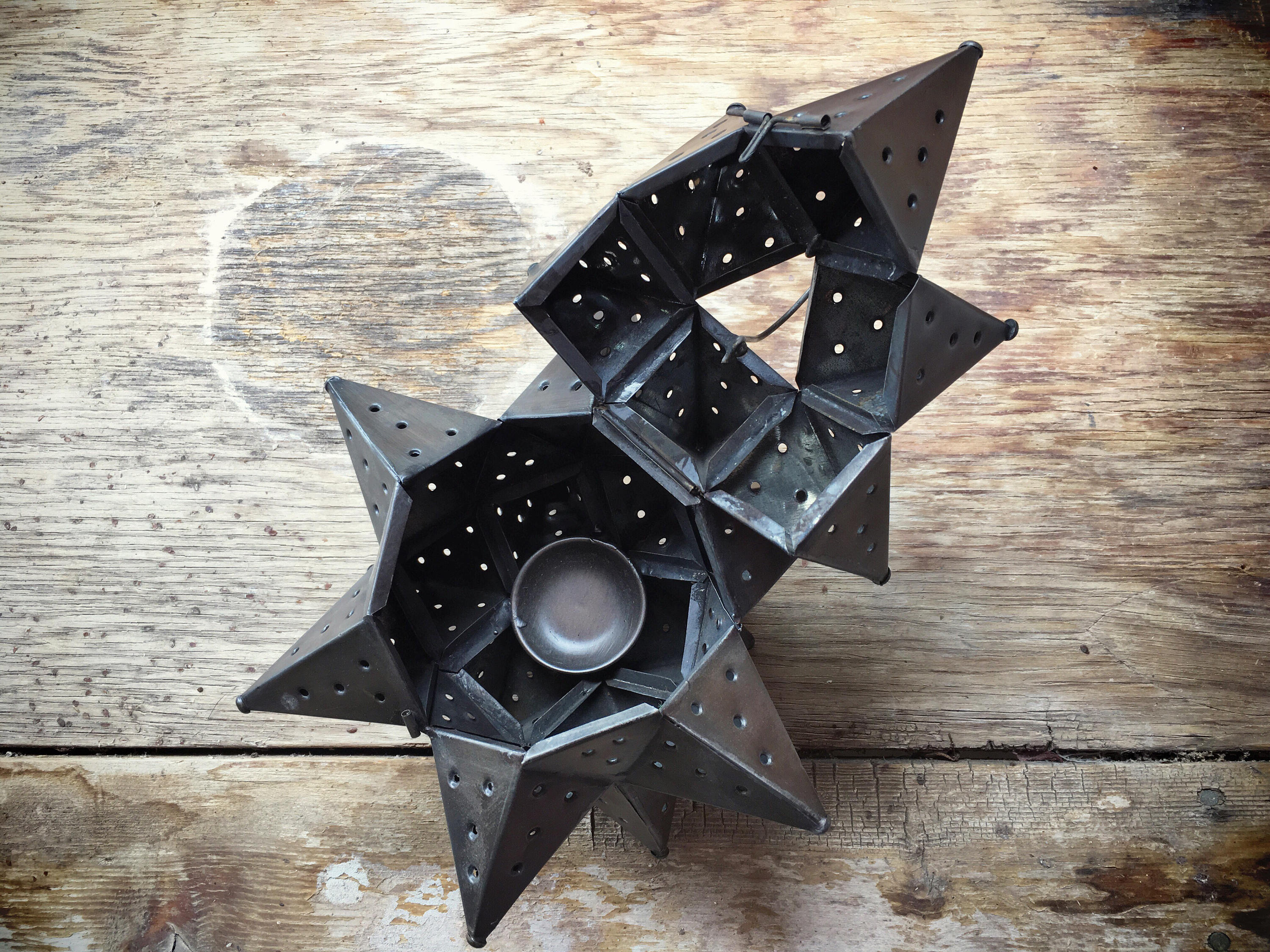 Vintage punched metal star candle holder, Moravian star light, rustic