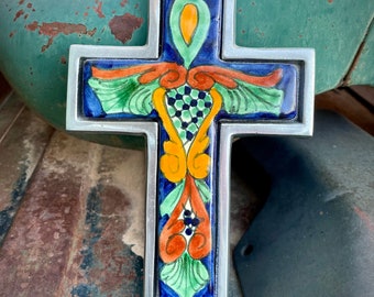 Vintage 8.5" Ceramic Pottery  and Pewter Metal Cross Wall Hanging, Mexican Southwestern Decor, Rustic Gallery Wall Art, Catholic Friend Gift