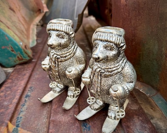 Pair of Vintage Towle Silverplate Skiing Bear Candle Holders, Set of Two