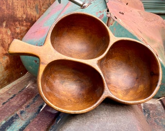 Vintage Monkey Pod Wood Divided Condiment Bowl by David Auld, Midcentury Modern Serving Platter