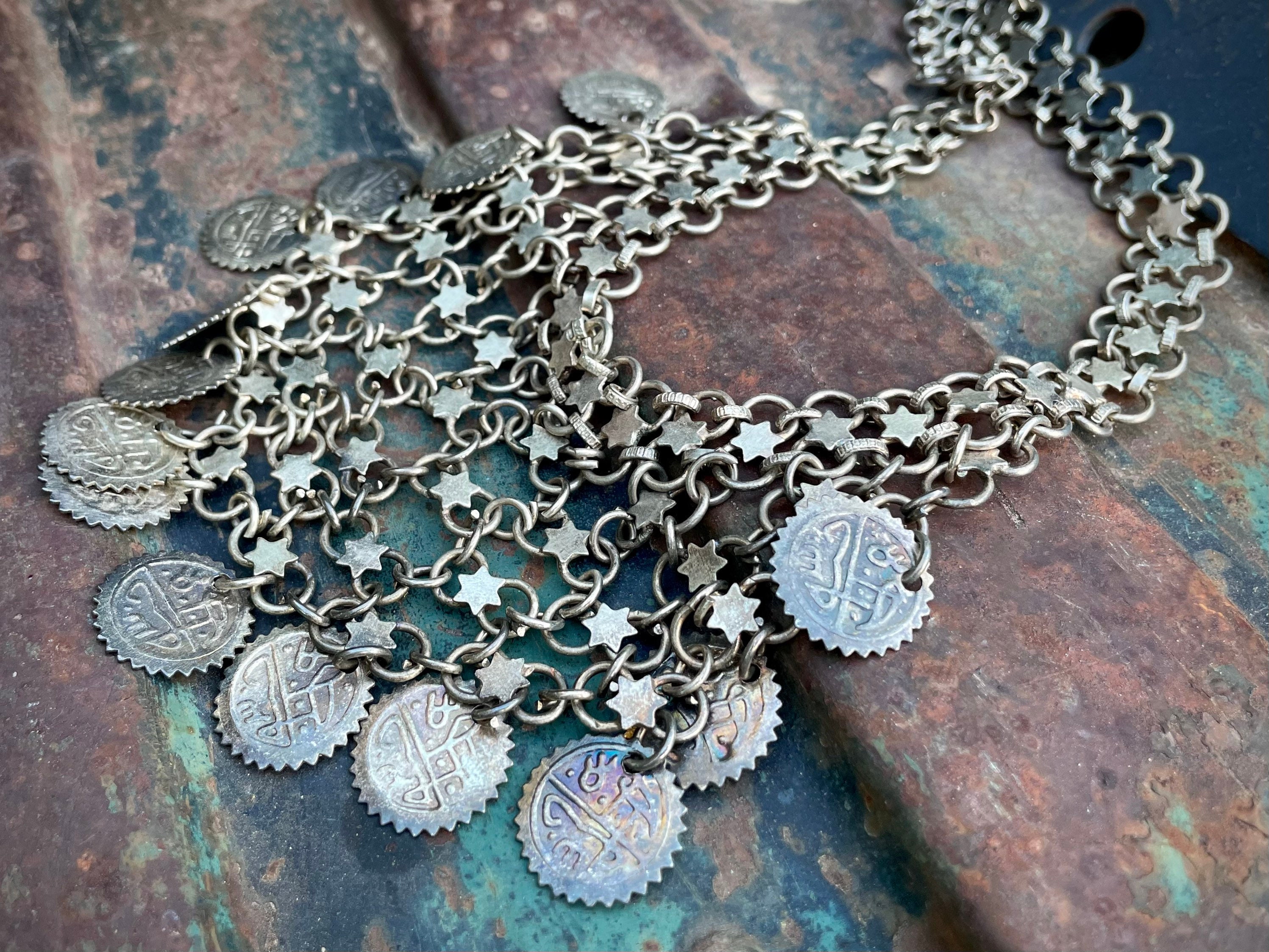 Vintage Silver Tone Tribal Necklace Chainmail with Coins, Gypsy Belly ...
