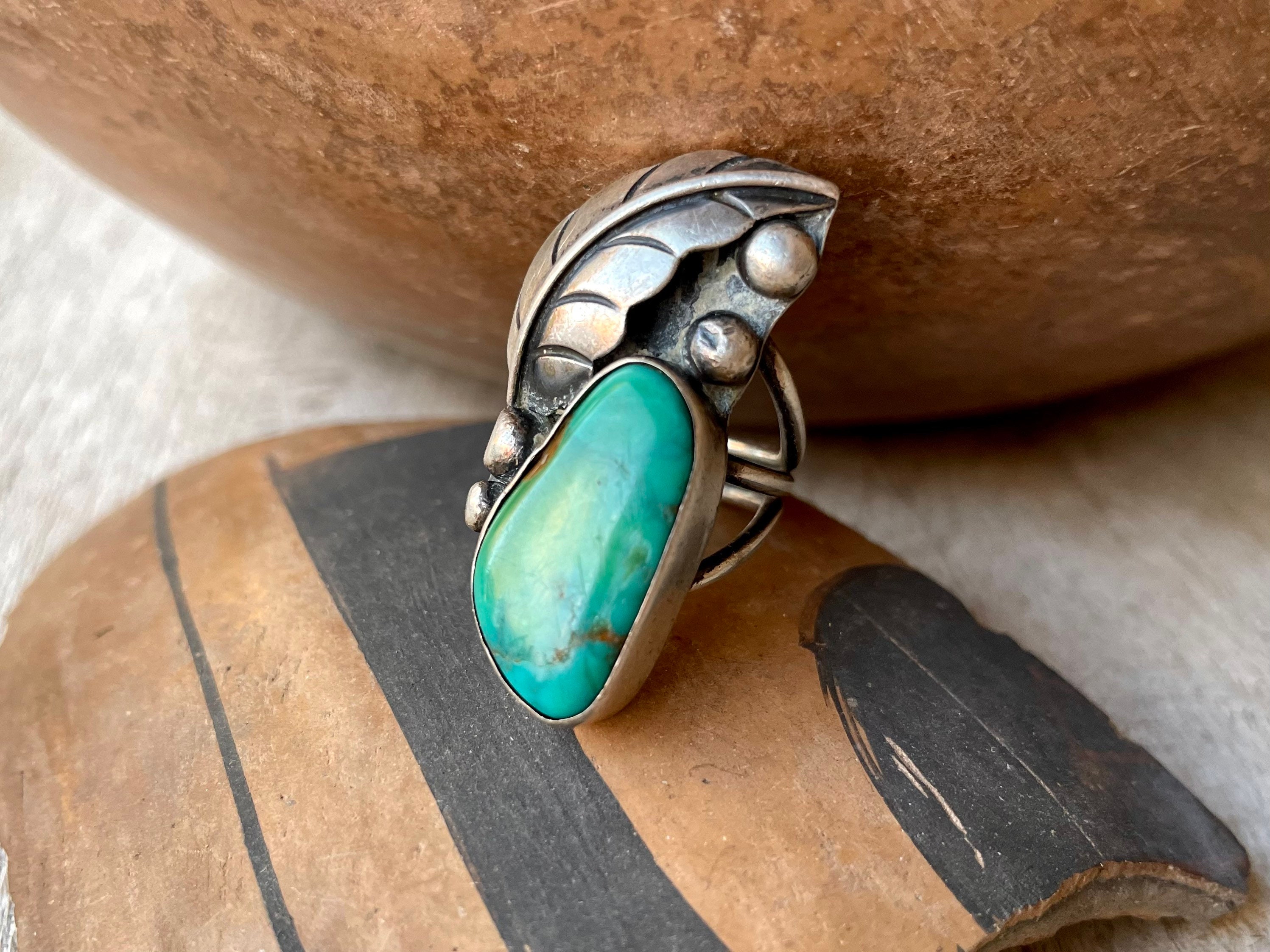 Old Native Rings Vintage Navajo Ring Approx Size 5.5 Natural Turquoise Silver Feather ...