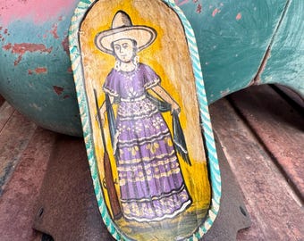 Small Carved Wood Primitive Painting Magnets Refrigerator Decor 3.375 x 7.25, Mexican Folk Art