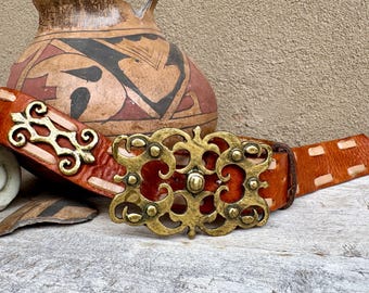 Vintage Leather Belt w/ Ornate Brass Buckle Waist Size 32-36 by Leatherrock USA