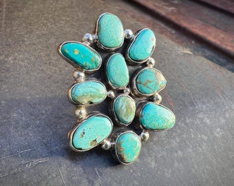 Sterling Silver Turquoise Cluster Ring Size 8 Signed KY, Light Blue-Green Color