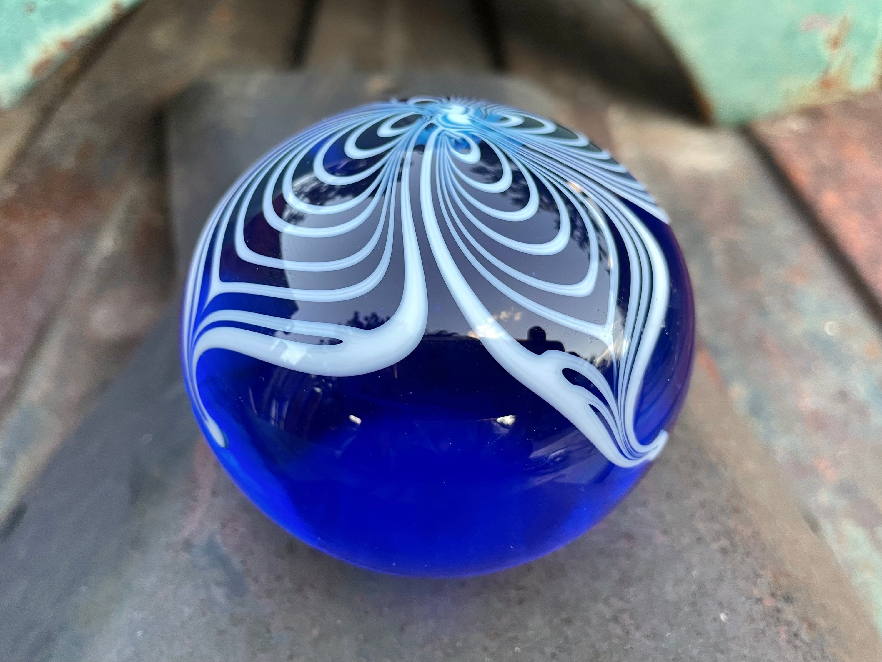 1982 Art Glass Paperweight Signed Terry Crider, Blue Pulled Flower