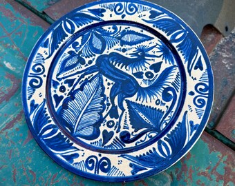 Antique Hand Painted Spanish Pottery Plate with Fantasia Animal, Rustic Kitchen Southwestern