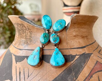 Navajo Philbert Secatero Blue Turquoise Sterling Silver Clip On Earrings, Vintage Native America Jewelry Women Non-Pierced Ears, Rodeo Style