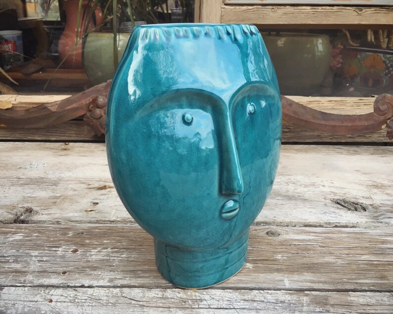Mid Century Modern Art Pottery Face Vase Blue Decor Ceramic Etsy