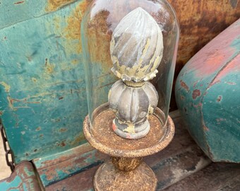 Vintage Rustic Metal & Glass Cloche w/ Chippy Wooden Finial, Steampunk Decor Curiosity Closet