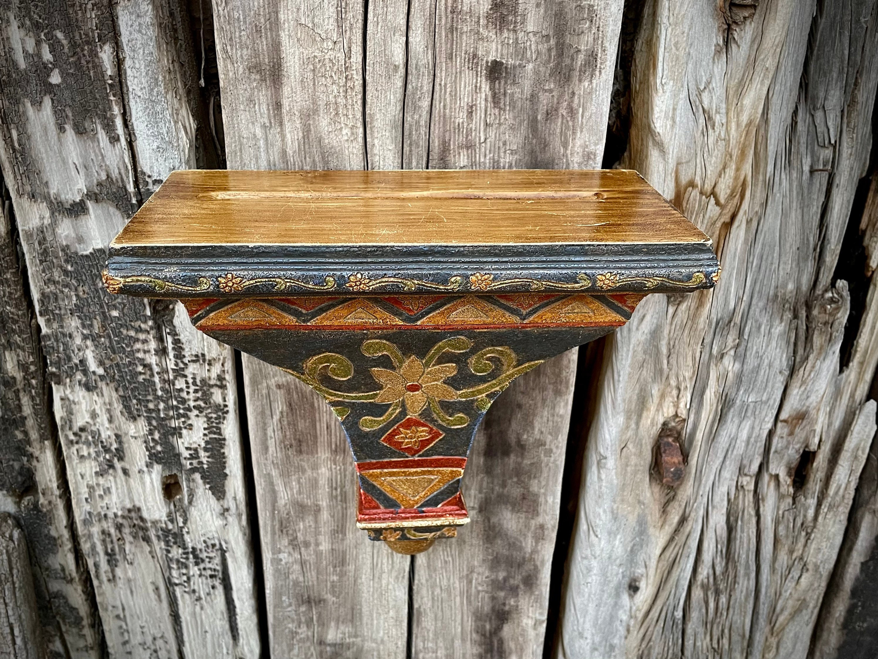 Vintage Patterned Faux Wood Corbel Wall Shelf Fleur de Lis Design