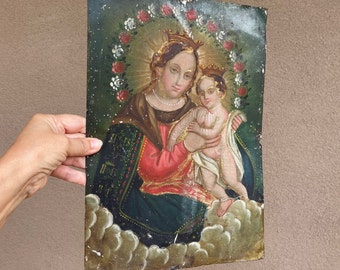 Antique Mexican Painting on Tin Nuestra Senora del Refugio Madonna & Christ Child, Religious Votive Retablo, Catholic Art Spanish Colonial