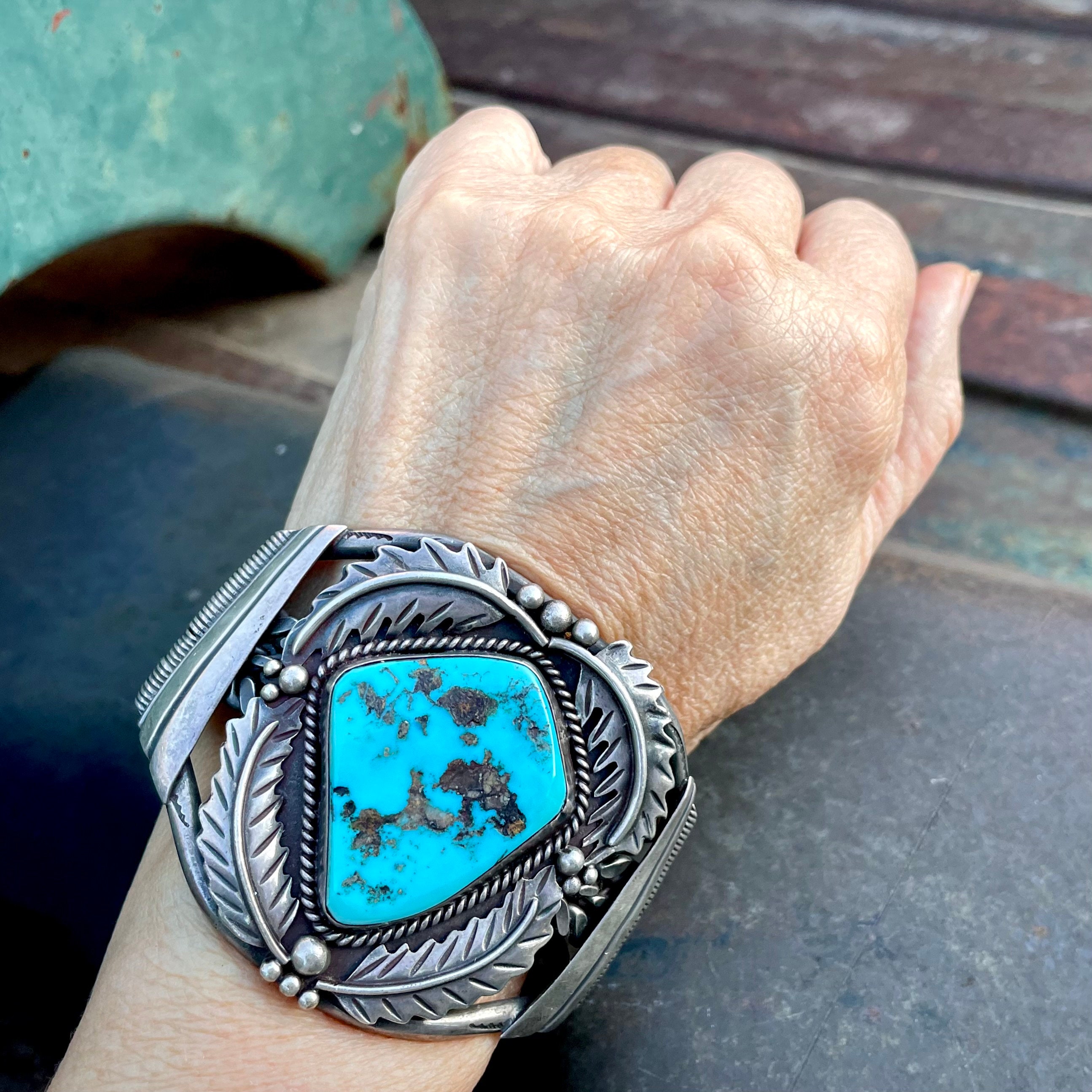 For Large Wrist Huge Vintage Native American Navajo Turquoise Sterling Silver Flank Bracelet For Large Wrist Huge Vintage Native American Navajo Turquoise Sterling Silver Flank Bracelet